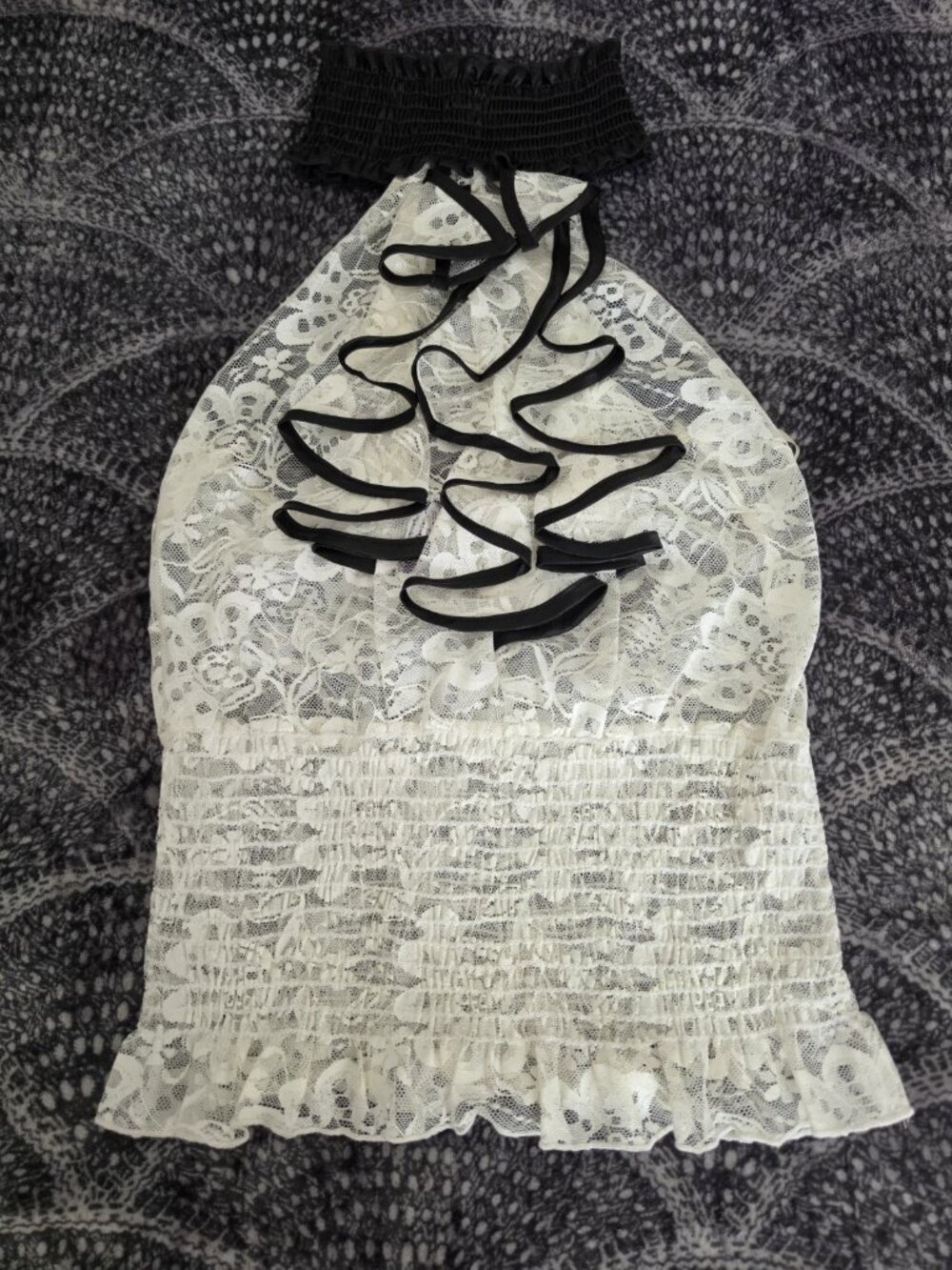 TRAC White Lace Halter High Neck Blouse Black Ruffle Accent S/Chico - Picture 10 of 12